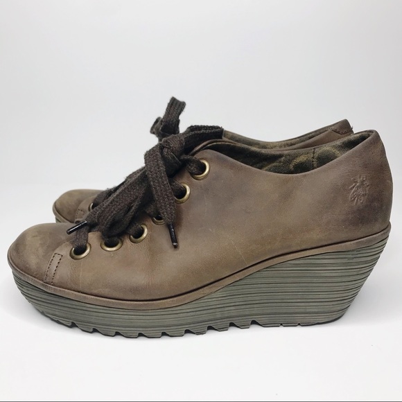 Fly London Shoes - Fly London Brown Leather Lace Up Wedges Booties